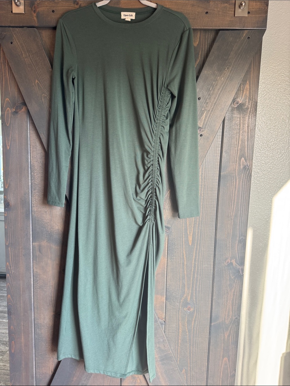 Olive Green Long Sleeve Ruched Midi Dress